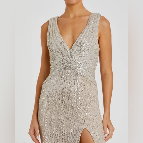 Mac Duggal Silver Sequin V Neck Wrap Gown Nude Formal Evening Dress 24 NWT - Picture 6 of 12